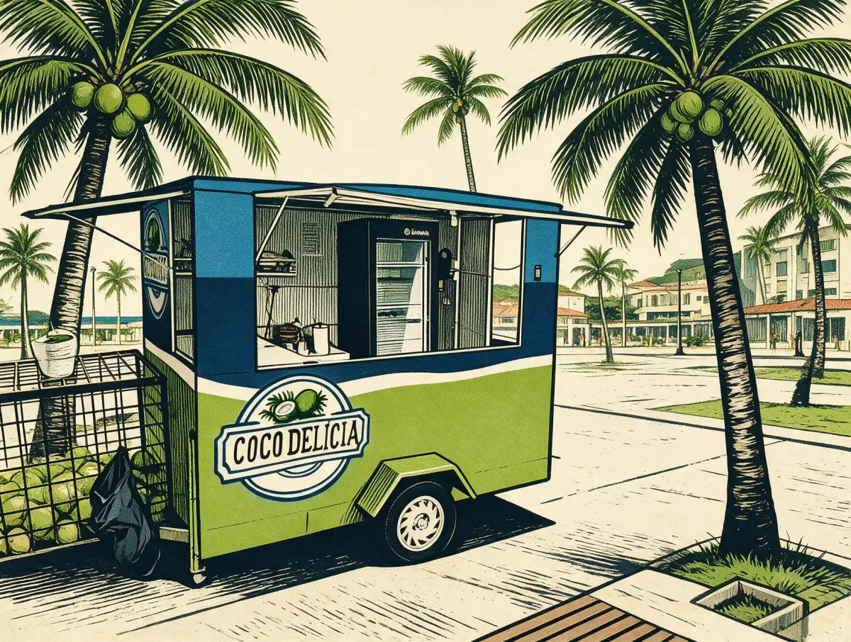 Ilustração do trailer Coco Delícia entre coqueiros na praça da Ponta Verde